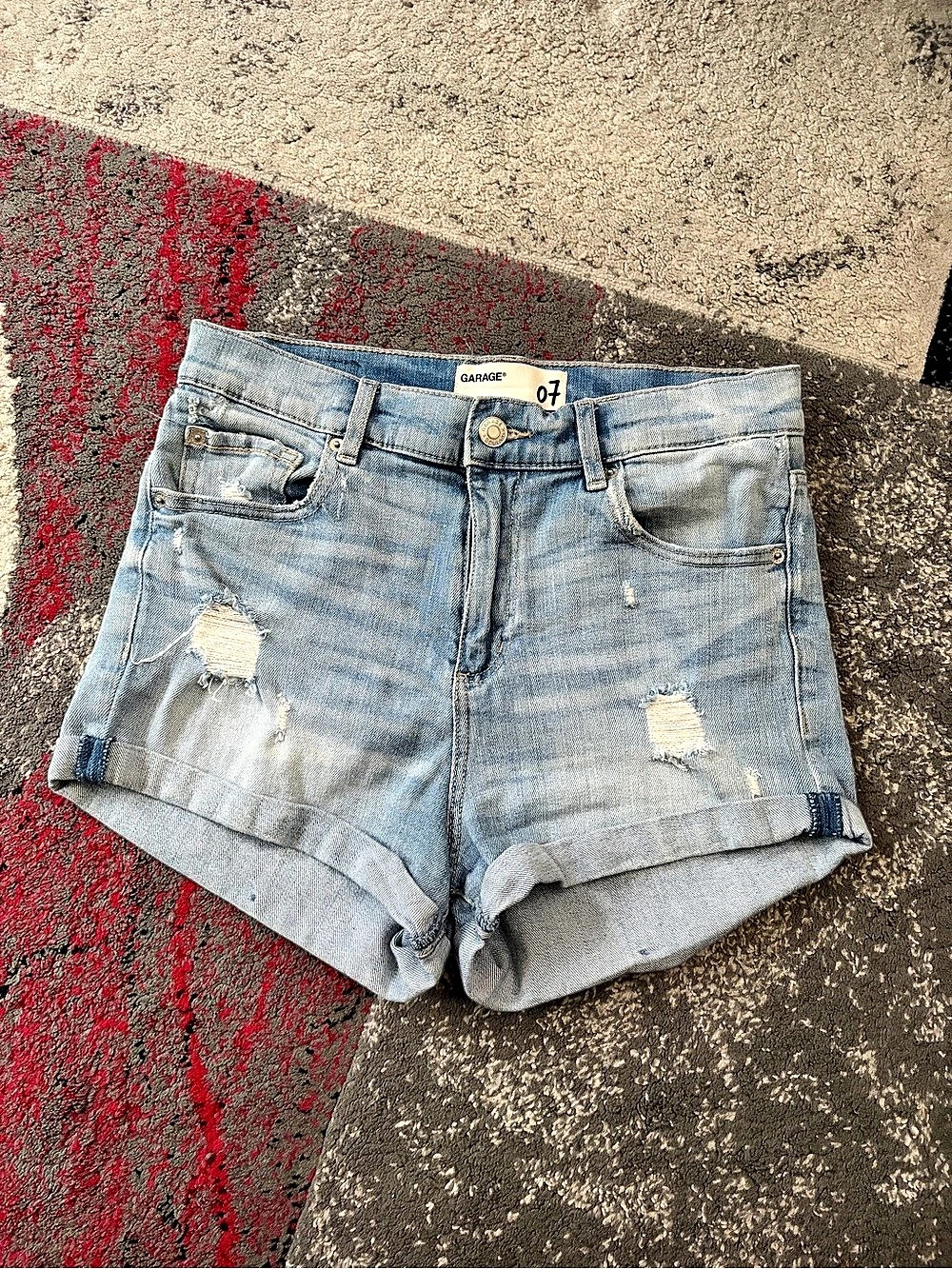 Garage Distressed Denim Jean Shorts in Blue, Waist 7